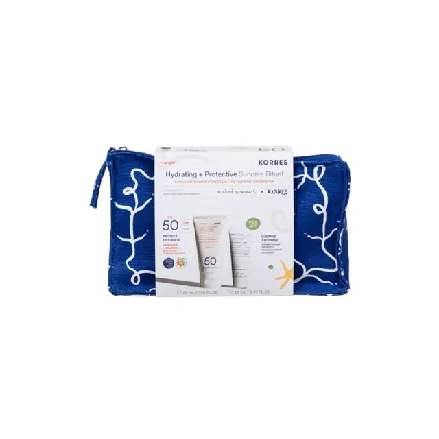 Korres | Promo Hydrating & Protective Suncare Ritual Υψηλή Αντηλιακή Προστασία με Yoghurt Αντηλιακή Κρέμα Προσώπου SPF50, 50ml, Greek Yoghurt Αφρώδης Κρέμα Καθαρισμού με Προβιοτικά, 20ml & Δώρο Naked Summers x Korres Νεσεσέρ, 1τεμ, | 1σετ