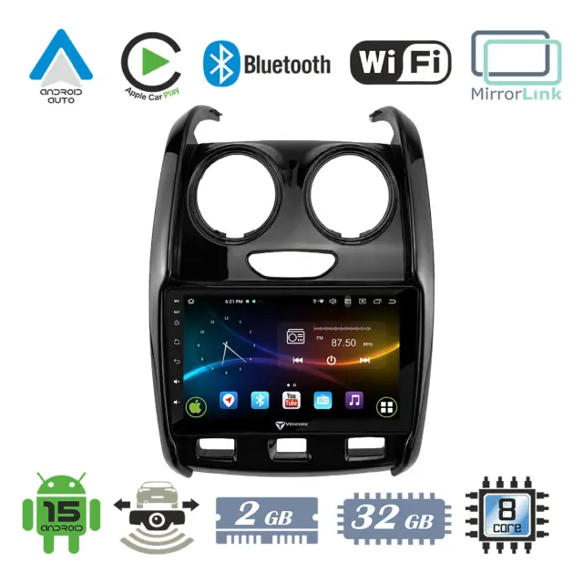VenCore Οθόνη Multimedia Android 15 9" 9109A MTK6762 Octa-Core 2GB/32GB IPS με Πρόσοψη, CarPlay, Android Auto και Υποστήριξη Κάμερας Οπισθοπορείας AHD για Dacia Duster 2014-2018 – Μαύρη (3236-10007-0430B)