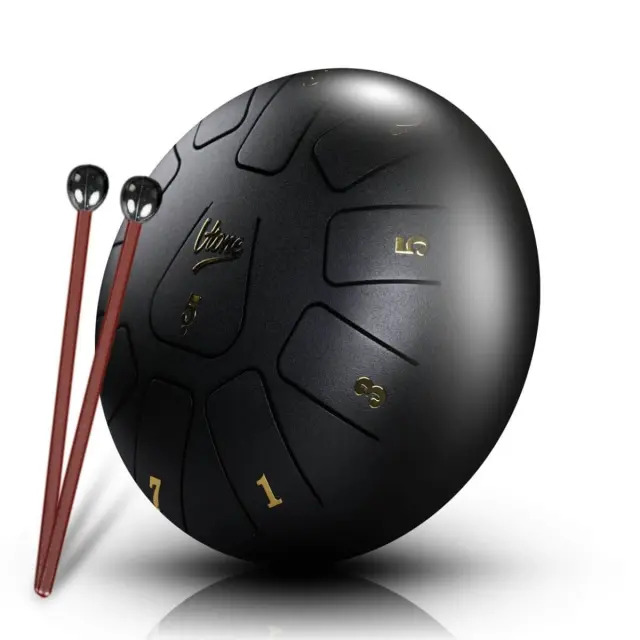 V-TONE VBJ 8-11 BK Steel Tongue Drum Tank Drum Hank Drum Black 8 Inch 11 Tones Drumsticks Case with Strap 4 Finger Cots Stick Rest Stickers Tune List Cloth Kit