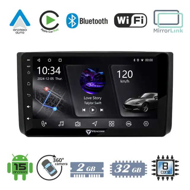 VenCore Οθόνη Multimedia Android 15 9" PX5S Octa-Core 2GB/32GB IPS με Πρόσοψη, CarPlay, Android Auto και Υποστήριξη Κάμερας 360° για Chevrolet Aveo 2006-2010 – Μαύρη (3236-10005-0725B)