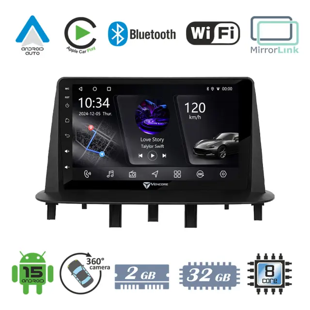 VenCore Οθόνη Multimedia Android 15 9" PX5S Octa-Core 2GB/32GB IPS με Πρόσοψη, CarPlay, Android Auto και Υποστήριξη Κάμερας 360° για Renault Megane 3 2009-2013 – Μαύρη (3236-10005-0718B)