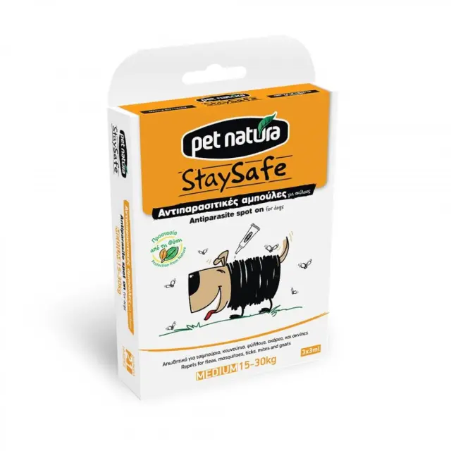 Pet Natura Stay Safe Φυτικές αντιπαρασιτικές αμπούλες για σκύλους και γάτες - Medium
