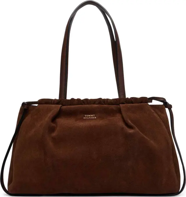 Tommy Hilfiger Γυναικεία Μεσαία Τσάντα Soft Leather Hobo Suede Fondant Brown Καφέ