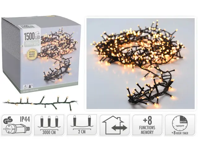 1500 Φωτάκια LED - 30 Μέτρα + 3 Μέτρα σύνδεσης , Kανονική Διάταξη , με χειριστήριο, 8 προγράμματα, Πράσινο καλώδιο PVC - Θερμό λευκό AX8560360