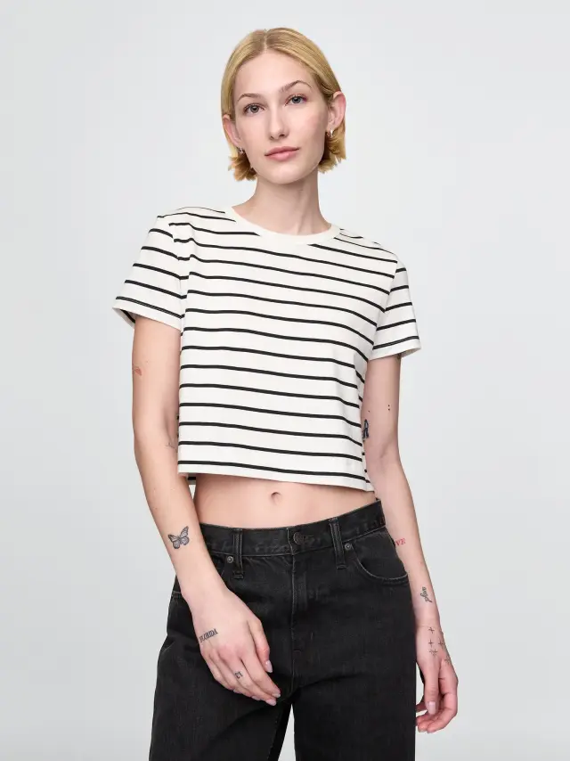 Οργανικό Βαμβάκι Vintage Cropped Μπλούζα White and black stripe