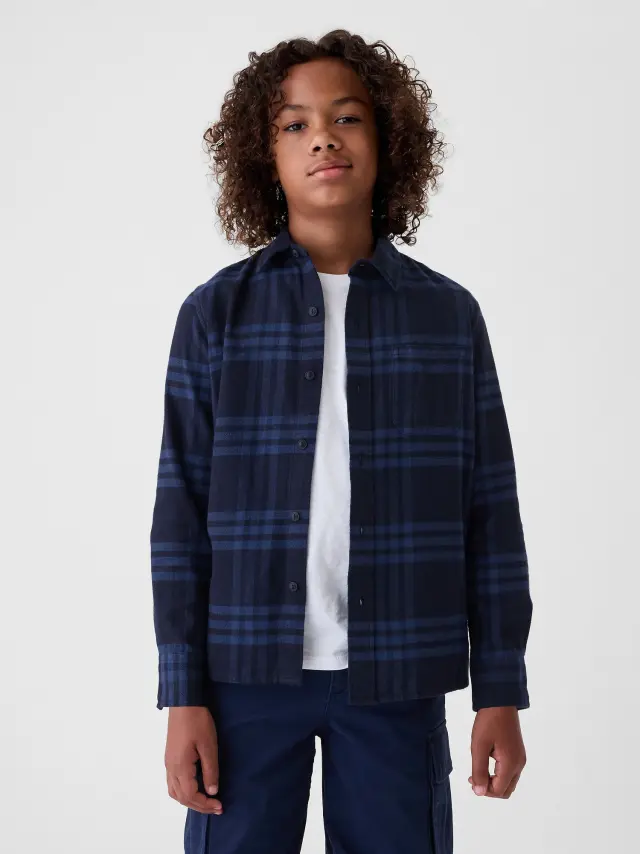 Μπλε Παιδικό Organic Cotton Flannel Πουκάμισο Blue plaid - XS