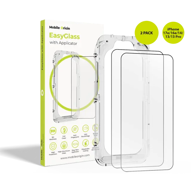 Mobile Origin EasyGlass with Applicator iPhone 17e/16e/14/13/13 Pro, 2 pack