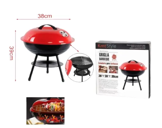 KMT Style Στρογγυλή Φορητή Ψησταριά Κάρβουνου για BBQ 38x38εκ. Μαύρη-Κόκκινη 2