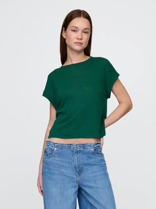 Μπλούζα με Μανσέτες από Λινό Rain forest green - XS
