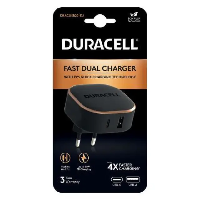 Φορτιστής Ταξιδίου Ταχείας Φόρτισης Duracell με Διπλή Έξοδο USB A & USB C PD 30W Μαύρο N58581