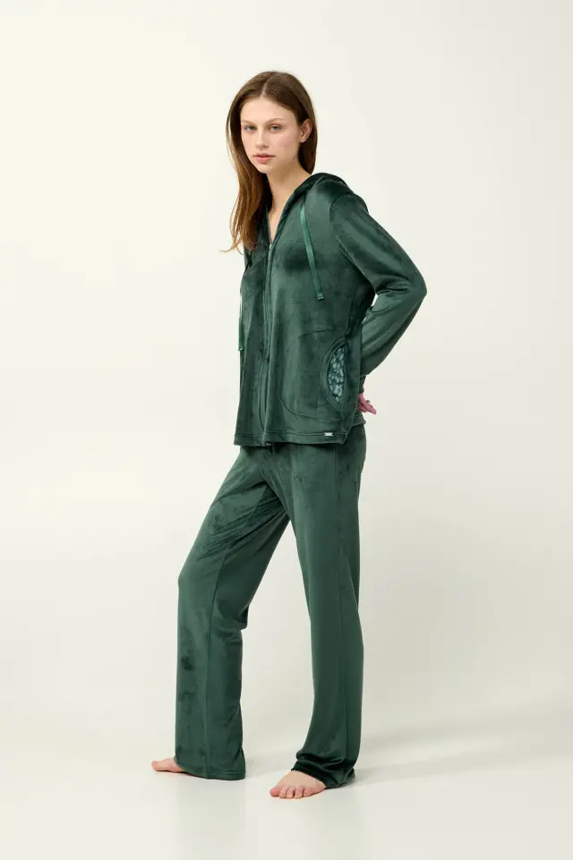 Vamp Βελουτέ Φόρμα Με Κουκούλα Green Teal
