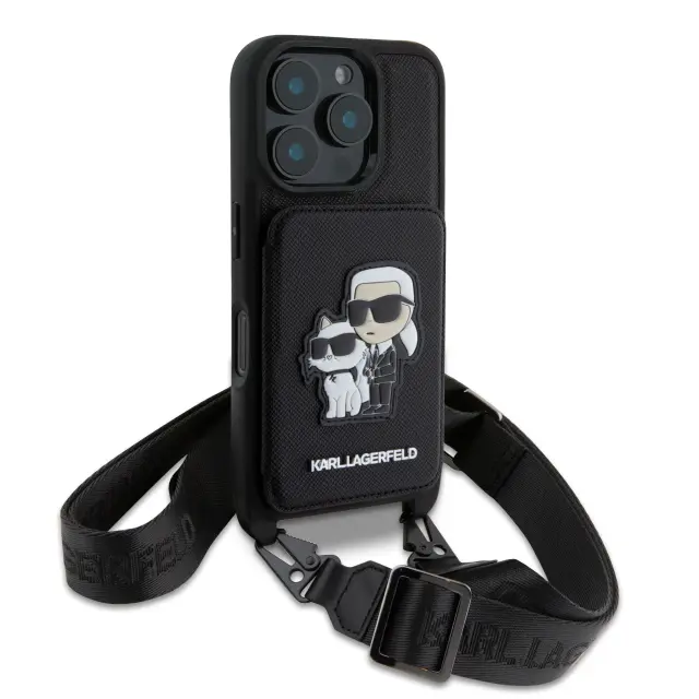 Karl Lagerfeld Saffiano Crossbody Strap Karl and Choupette Case for iPhone 16 Pro Black 3
