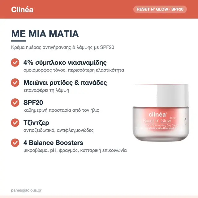 Clinea Reset n' Glow Κρέμα Προσώπου Ημέρας με SPF20 για Αντιγήρανση & Λάμψη με Νιασιναμίδη & Πρεβιοτικά 50ml 2