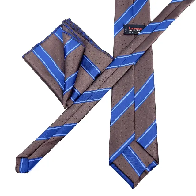 Μπλε - Καφέ Σχεδιαστική Γραβάτα Microfiber Σετ με Μαντήλι 3