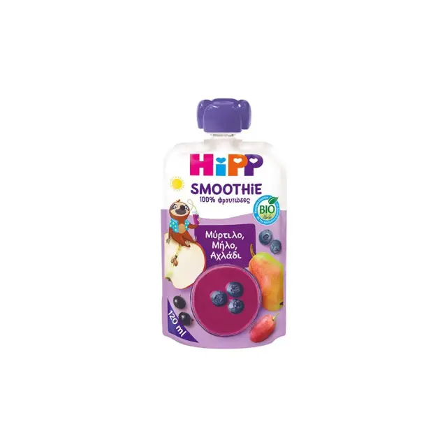 Hipp | Πουρές Φρούτων-Λαχανικών Bio Smoothie με Γεύση Μύρτιλο-Μήλο και Αχλάδι 120gr για 12+ Μηνών | 120ml