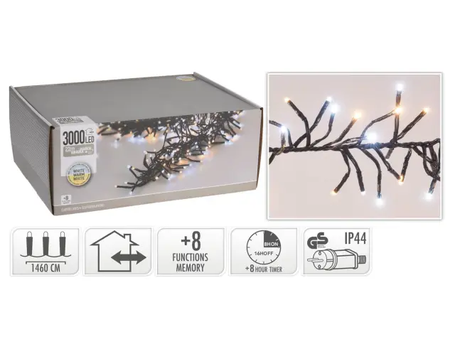 3000 Φωτάκια LED - 21.8 Μέτρα + 3 Μέτρα σύνδεσης, Κανονική Διάταξη, με χειριστήριο, 8 προγράμματα, Μαύρο καλώδιο PVC - Λευκό, Θερμό Λευκό AX8550570