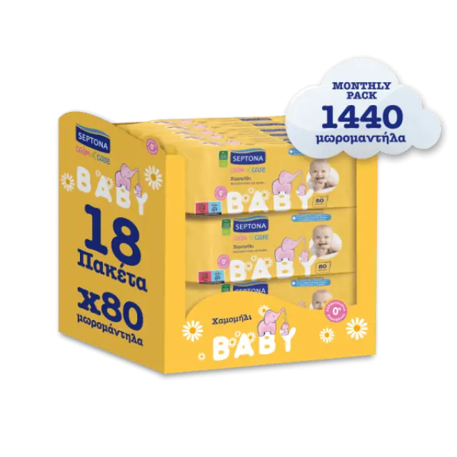Septona Calm n’ Care Baby Wipes Chamomille Monthly Pack Απαλά Μωρομάντηλα με Χαμομήλι , 18×80τεμ