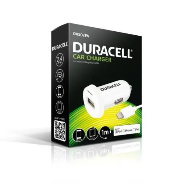 Φορτιστής Αυτοκινήτου Ταχείας Φόρτισης Duracell με Έξοδο USB A 2.4Α & Καλώδιο USB A σε MFI Lightning 1m Λευκό N20676