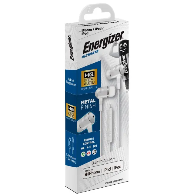Hands Free Energizer UIL35WH Metal Stereo 3.5mm με Αντάπτορα Lightning Apple Certified MFi σε 3.5mm και Πλήκτρα Λειτουργίας 1.2m Λευκό 2