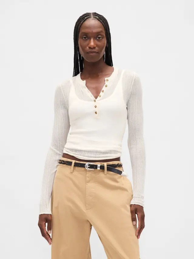 Διάφανο Ριμπ Henley Πουλόβερ Chino beige