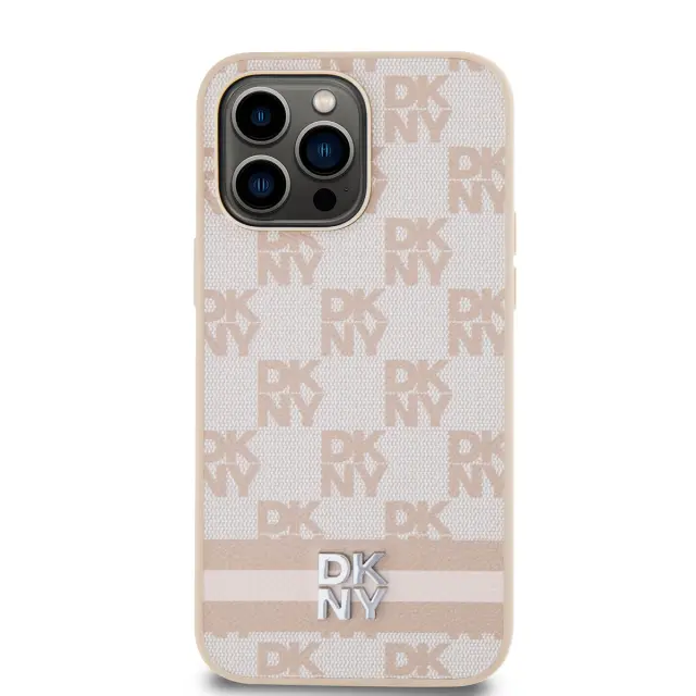 DKNY PU Leather Checkered Pattern and Stripe Case for iPhone 15 Pro Max Pink 2
