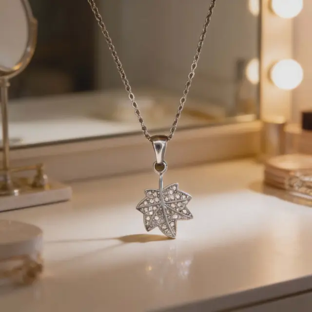 Leaf Pendant Necklace with White Stones