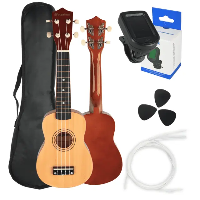 SUPRIMO UK21 SET NW soprano ukulele 21" natural wood cover 3 picks spare strings tuner set for children learning to play