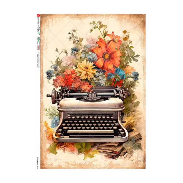 Ριζόχαρτο για Decoupage PaperD, Γραφομηχανή και λουλούδια, 30x40cm