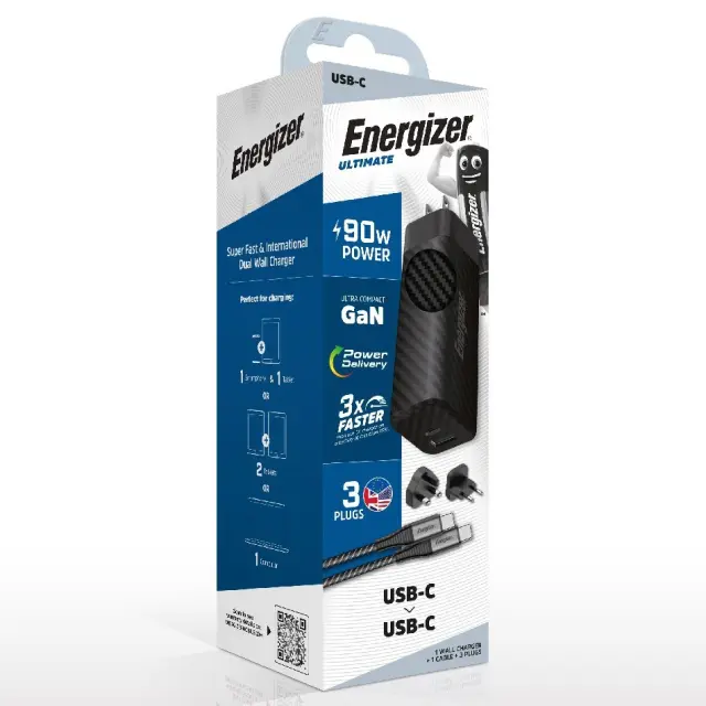 Φορτιστής Ταξιδίου Energizer A90MUC με έξοδο USB-C/USB-A 90W Καλώδιο USB-C/USB-C Μαύρο