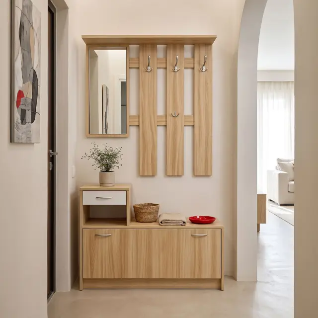 Έπιπλο εισόδου Jentia pakoworld με καθρέπτη sonoma με λευκό MDF 113x100x89εκ