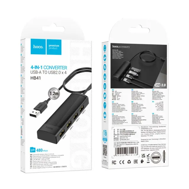 Hub USB Hoco HB41 Easy Safety 4-in-1 USB2.0 σε 4xUSB2.0 480Mbps 5V/3A Μαύρο 1.2m 2