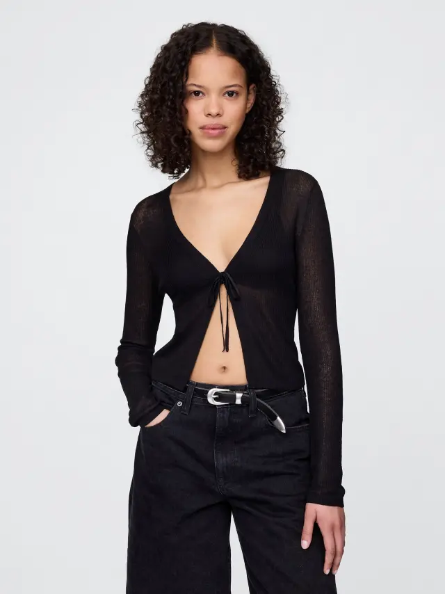 Μαύρη Διάφανη Rib Cropped Tie-Front Ζακέτα Black - M