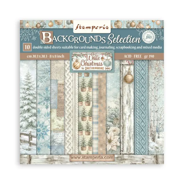 Χαρτιά scrapbooking 10τεμ, 20.3×20.3cm Stamperia, White Christmas, Backgrounds