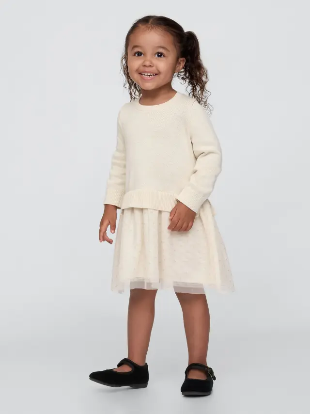 Μπεζ babyGap 2-in-1 Φόρεμα Πουλόβερ με Τούλι Chino beige - 18-24M