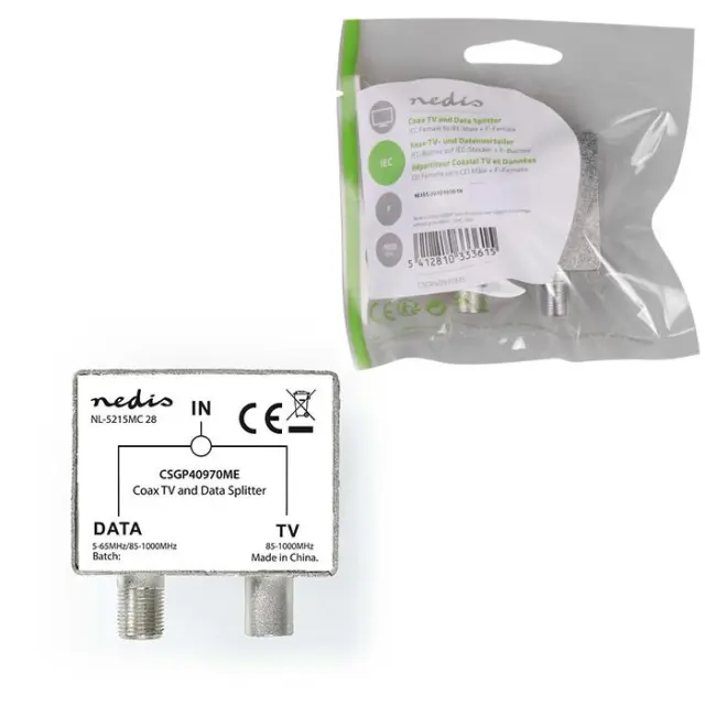 Μεταλλικό βύσμα κεραίας IEC (Coax) αρσ./F θηλ. - IEC (Coax) θηλ., σε ασημί χρώμα.