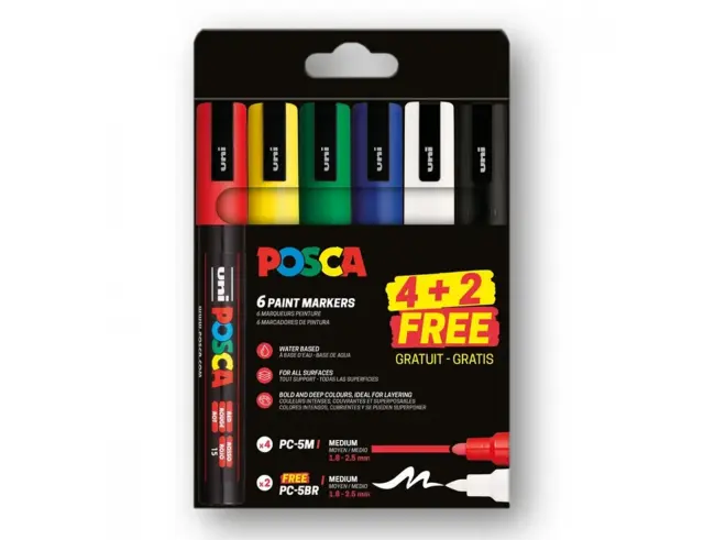Μαρκαδόροι Σχεδίου Uni Posca PC-5M & PC-5BR Medium με πάχος μύτης 1.8-2.5mm - 6 τεμάχιαPC-5M 4P + PC-5BR 2P SET PROMO 01