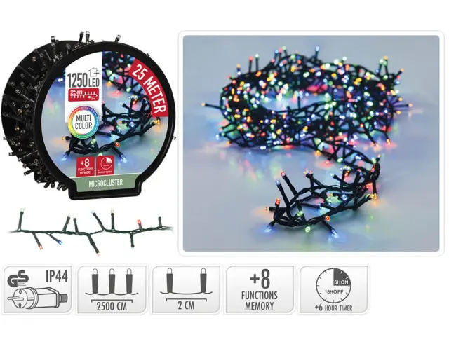 1250 Φωτάκια LED - 25 Μέτρα + 3 Μέτρα σύνδεσης , Kανονική Διάταξη, με χειριστήριο, 8 προγράμματα, Πράσινο καλώδιο PVC - Πολύχρωμο AX8521240