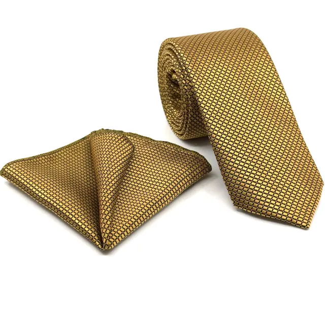 Γραβάτα Microfiber σε Χρυσαφί Μοτίβο Σετ με Μαντηλάκι