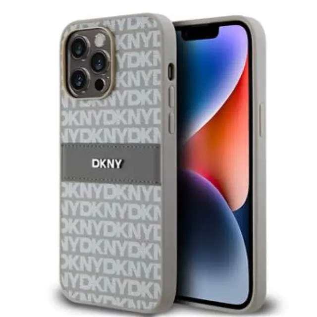 DKNY PU Leather Repeat Pattern Tonal Stripe Case for iPhone 14 Pro Beige
