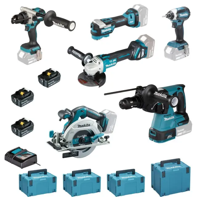 Makita DLX6139JX1- Promo Kit περιλαμβάνει: Το Κρουστικό Δραποκατσάβιδο DHP492 (141Nm), το Παλμικό Κατσαβίδι DTD153 (170Nm), το Πιστολέτο 3 λειτουργιών DHR243, τον Γωνιακό Τροχό DGA513 (125mm/115mm), το Δισκοπρίονο DHS680, το Πολυεργαλείο DTM52Z, 3 Μπαταρίες 18V/5.0Ah, Ταχυφορτιστή και 4 βαλίτσες Mak
