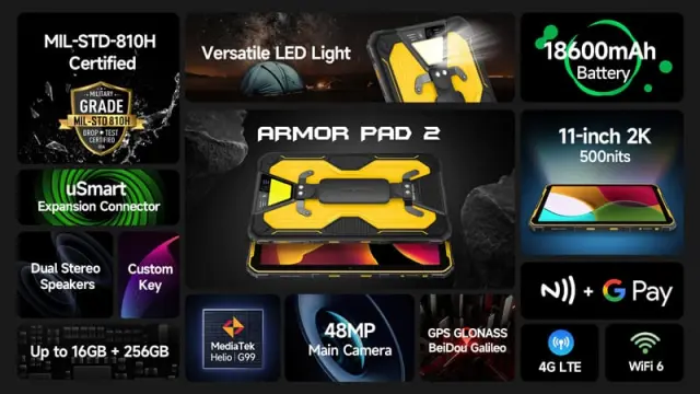 ULEFONE tablet Armor Pad 2, 11" 8/256GB, 18600mAh, IP68/IP69K, 4G, μαύρο 2