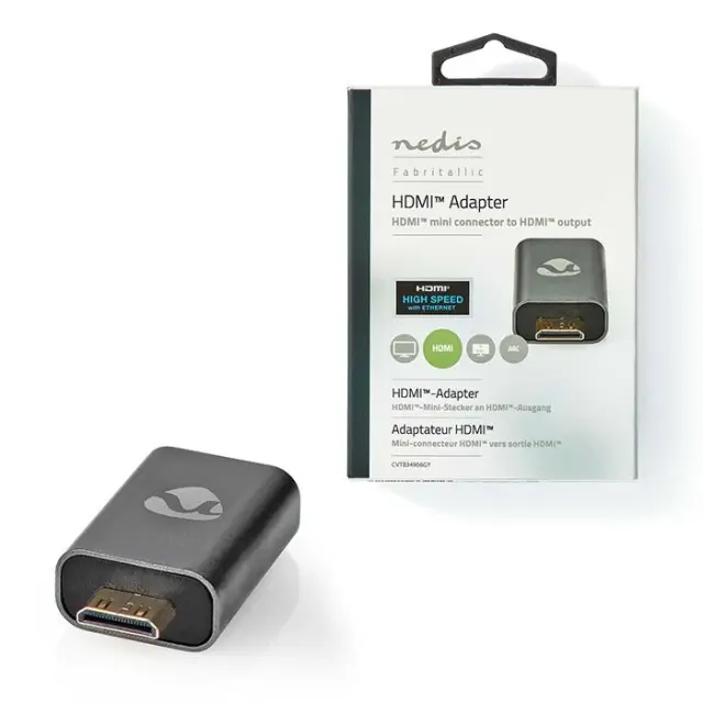Αντάπτορας High Speed HDMI with Ethernet, HDMI mini αρσ. - HDMI θηλ, με επίχρυσες επαφές σε γκρι χρώμα.