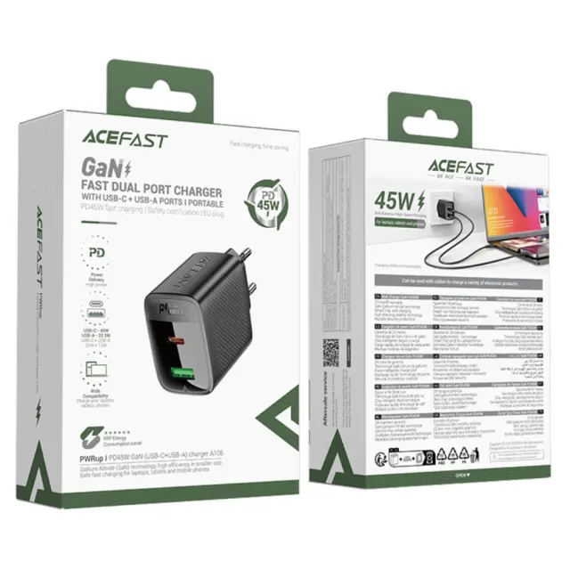 Φορτιστής Ταξιδίου Acefast A106 Fast Charging με 1xUSB-C + 1xUSB-A PD45W GaN Μαύρος 2
