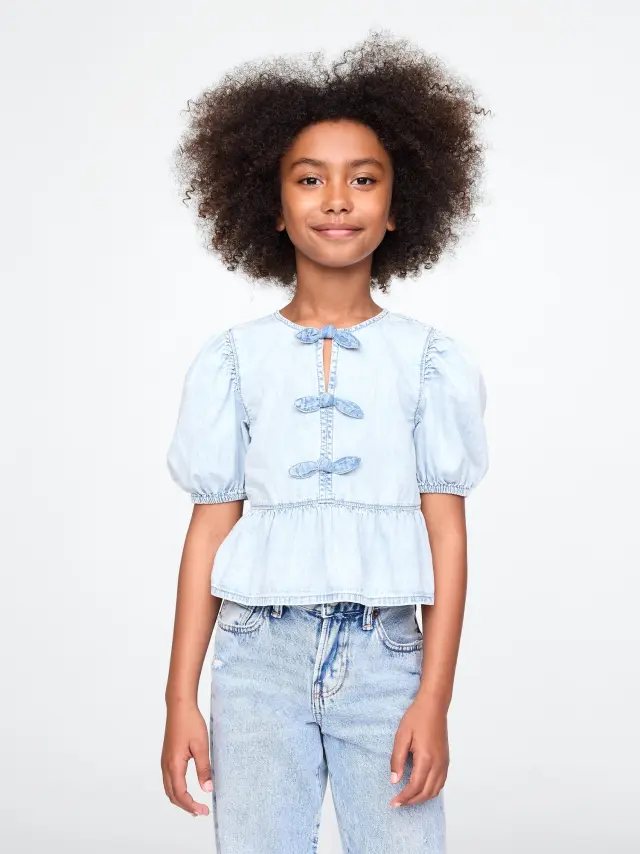 Παιδικό Puff-Sleeve Τζιν Peplum Πουκάμισο Medium wash