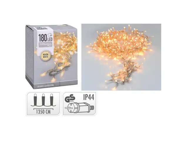 180 Φωτάκια LED - 13.43 Μέτρα + 3 Μέτρα σύνδεσης, Κανονική Διάταξη, Διάφανο καλώδιο PVC - Θερμό λευκό AX7404030