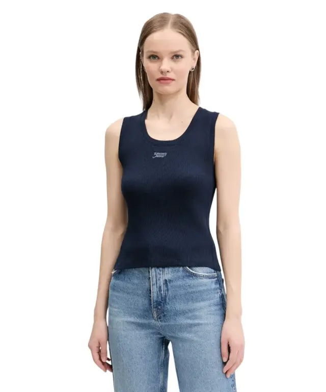 Tommy Hilfiger - Γυναικείο T-shirt Αμάνικο Slim Script Rib Tank DW0DW21369-C1G Μπλε Σκούρο - M