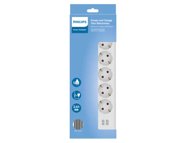 Πολύπριζο Philips SPN3052W/GRS - 5x Schuko - 2x USB-A - Με Διακόπτη On/Off - Παιδική Ασφάλεια - Καλώδιο 1.5m - ΛευκόSPN3052W/GRS 3