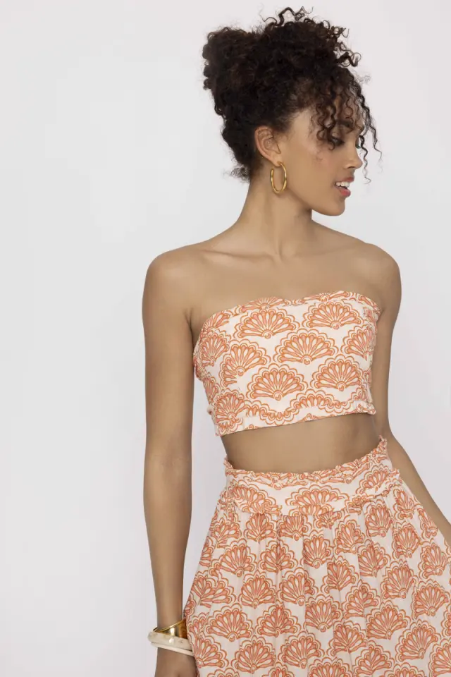 Strapless Τοπ από Τυπωμένο Λινό με Βολάν και Δέσιμο στην Πλάτη SUKI - XS
