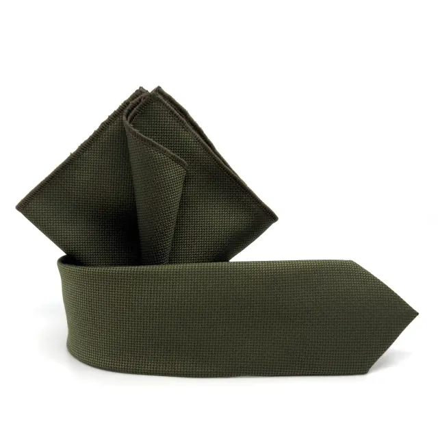 Λαδί Γραβάτα Oxford 6,5 cm με Ασορτί Μαντήλι 2