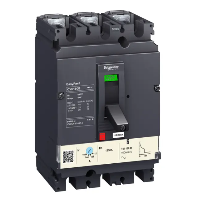 circuit breaker EasyPact CVS160B, 25 kA at 415 VAC, 160 A rating thermal magnetic TM-D trip unit, 3P 3d